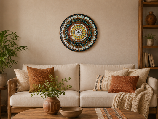 Handcrafted Royal Geometric Mandala Lippan Art Wall Decor (12-Inch MDF Base) – Traditional Multi-Color Mud & Mirror Work