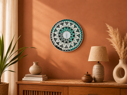 Handcrafted Luxury Sunflower Mandala Lippan Art Wall Mirror (12-Inch MDF Base) – Premium Teal & Monochrome Mud-Mirror Work
