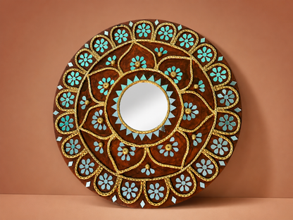 Handcrafted Floral Mandala Lippan Art Wall Mirror (10-Inch MDF Base) – Traditional Mud & Mirror Work