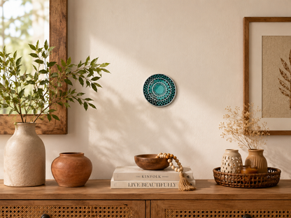 Handcrafted Teal & Green Round Lippan Art Wall Hanging (6-Inch MDF Base) – Traditional Indian Clay Mirror Work