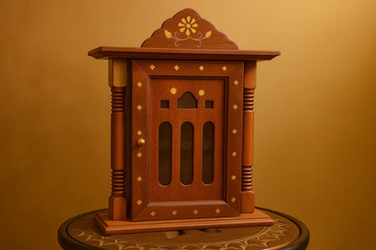 Handcrafted Wooden Key Holder Cabinet – Indian Temple Design Wall Organizer with Glass Door | Traditional Home Decor