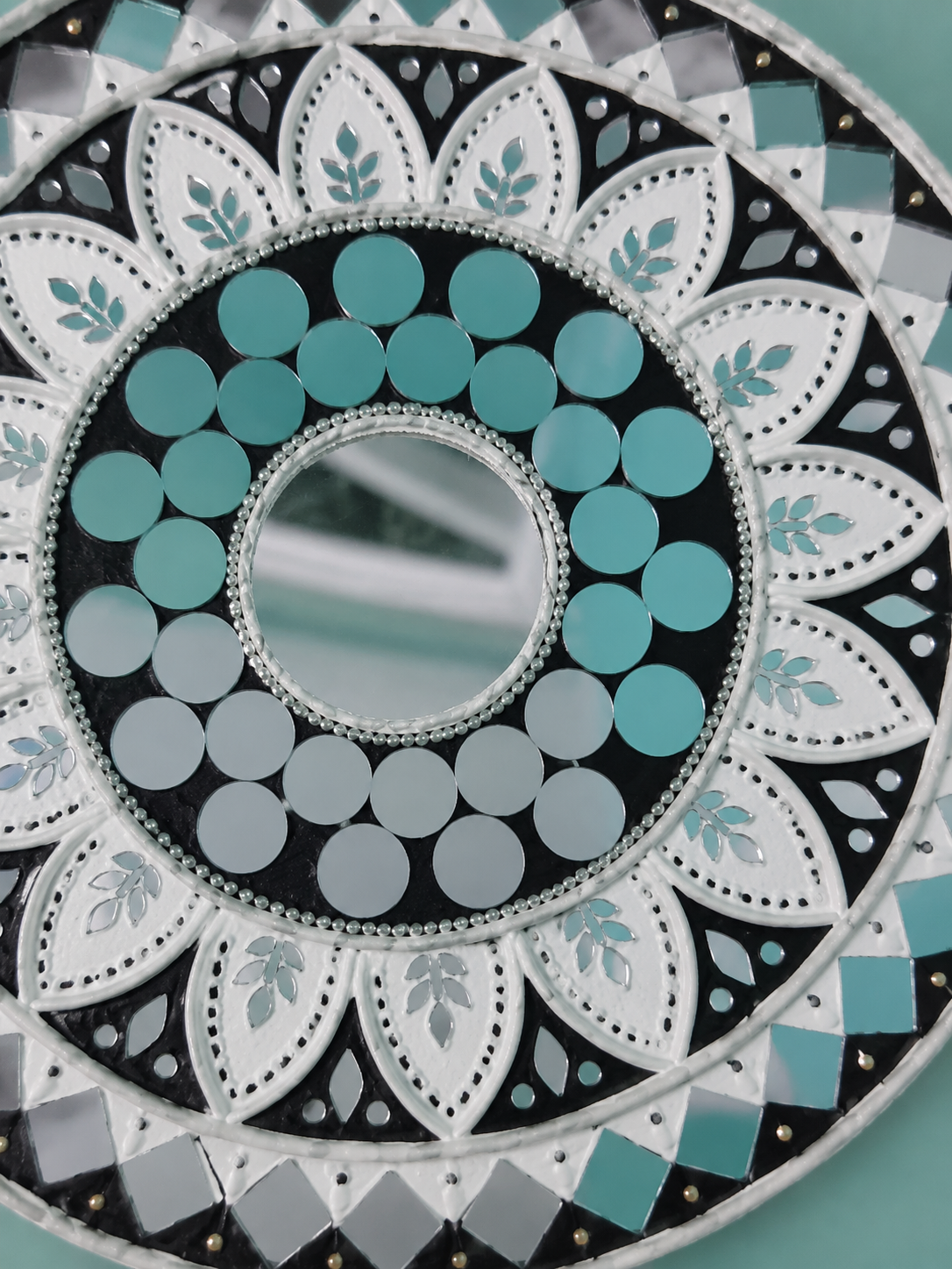 Handcrafted Luxury Sunflower Mandala Lippan Art Wall Mirror (12-Inch MDF Base) – Premium Teal & Monochrome Mud-Mirror Work