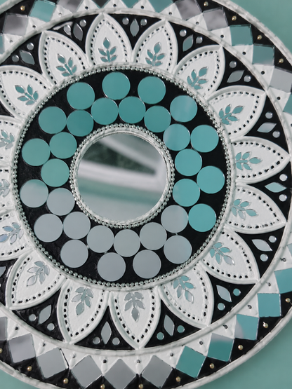 Handcrafted Luxury Sunflower Mandala Lippan Art Wall Mirror (12-Inch MDF Base) – Premium Teal & Monochrome Mud-Mirror Work