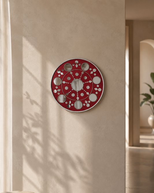 Handcrafted Crimson Red Star Mandala Lippan Art Wall Decor (12-Inch MDF Base) – Festive Mud & Mirror Work Hanging