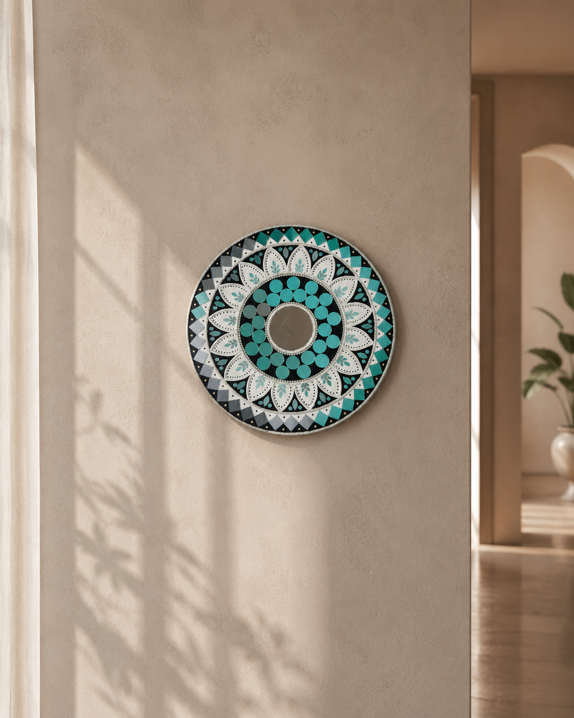 Handcrafted Luxury Sunflower Mandala Lippan Art Wall Mirror (12-Inch MDF Base) – Premium Teal & Monochrome Mud-Mirror Work