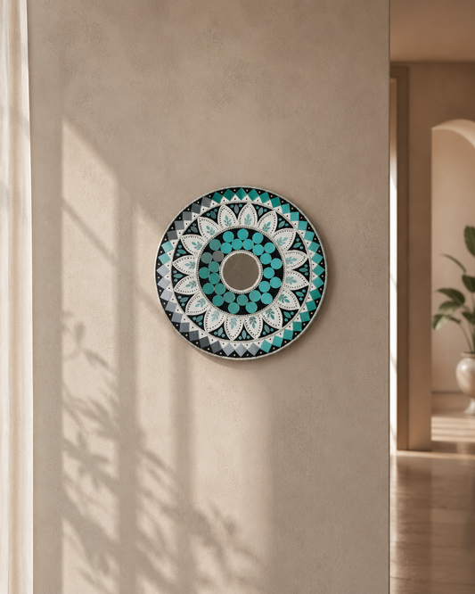 Handcrafted Luxury Sunflower Mandala Lippan Art Wall Mirror (12-Inch MDF Base) – Premium Teal & Monochrome Mud-Mirror Work