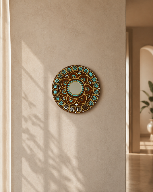 Handcrafted Floral Mandala Lippan Art Wall Mirror (10-Inch MDF Base) – Traditional Mud & Mirror Work