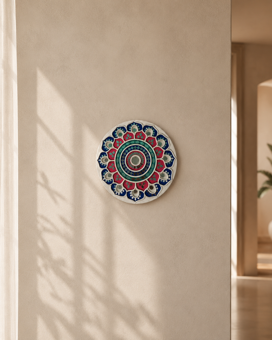 Handcrafted Royal Lotus Mandala Lippan Art Wall Mirror (10-Inch MDF Base) – Premium Crimson & Blue Mud-Mirror Work