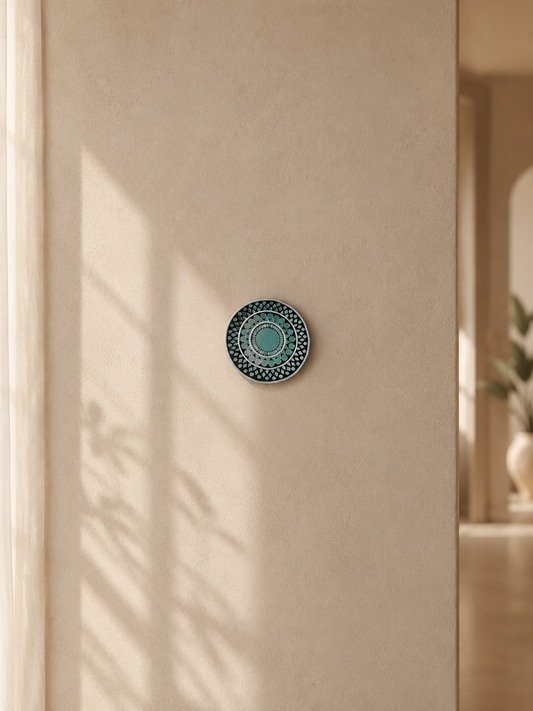 Handcrafted Teal & Green Round Lippan Art Wall Hanging (6-Inch MDF Base) – Traditional Indian Clay Mirror Work