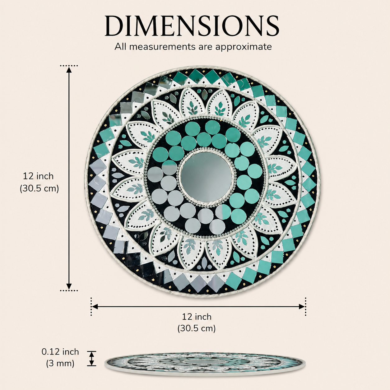 Handcrafted Luxury Sunflower Mandala Lippan Art Wall Mirror (12-Inch MDF Base) – Premium Teal & Monochrome Mud-Mirror Work