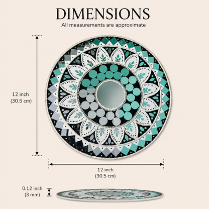 Handcrafted Luxury Sunflower Mandala Lippan Art Wall Mirror (12-Inch MDF Base) – Premium Teal & Monochrome Mud-Mirror Work