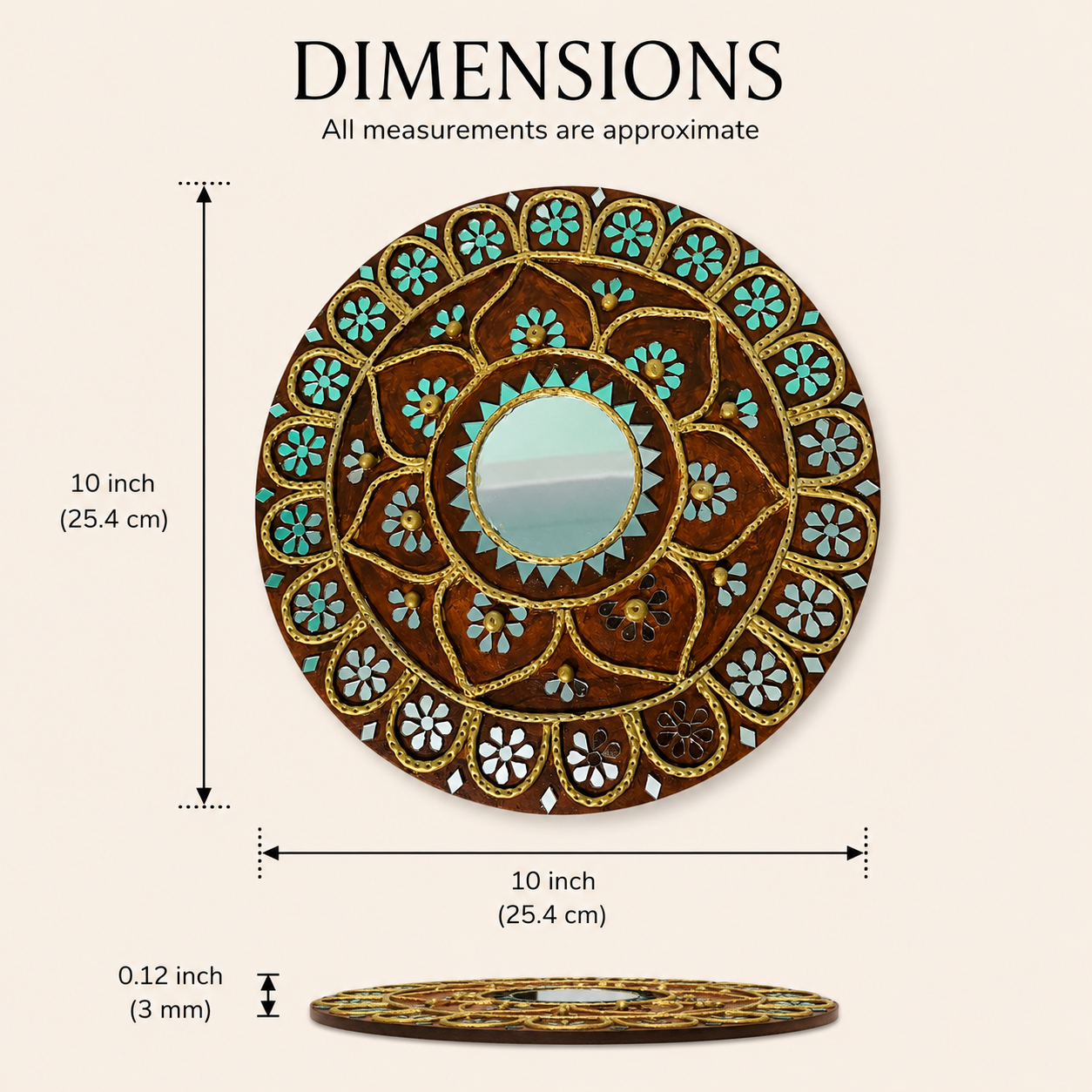 Handcrafted Floral Mandala Lippan Art Wall Mirror (10-Inch MDF Base) – Traditional Mud & Mirror Work