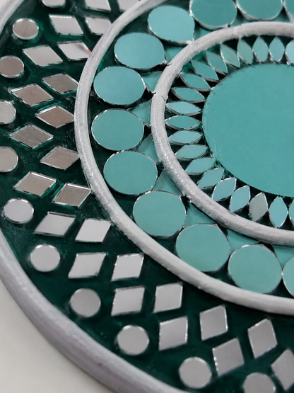 Handcrafted Teal & Green Round Lippan Art Wall Hanging (6-Inch MDF Base) – Traditional Indian Clay Mirror Work
