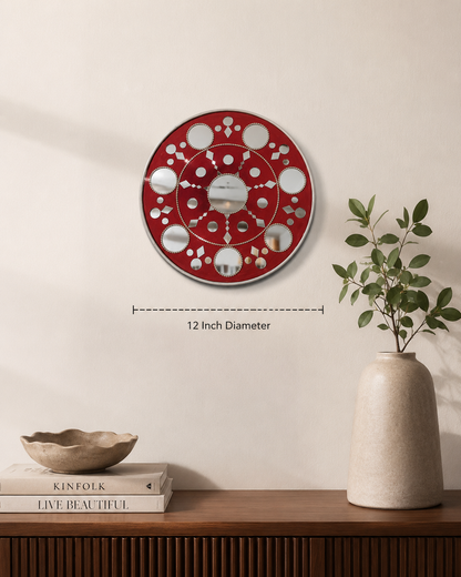Handcrafted Crimson Red Star Mandala Lippan Art Wall Decor (12-Inch MDF Base) – Festive Mud & Mirror Work Hanging