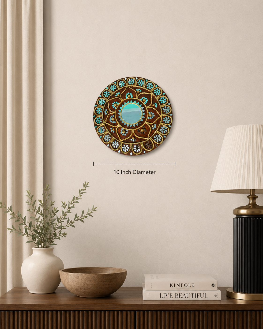 Handcrafted Floral Mandala Lippan Art Wall Mirror (10-Inch MDF Base) – Traditional Mud & Mirror Work