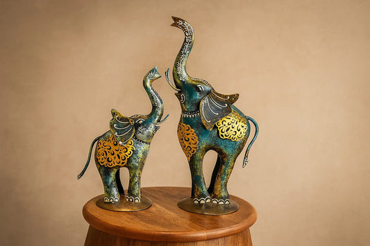 Handcrafted Metal Elephant Pair - Indian Decor Figurines for Home, Office, or Gift | Antique Patina Finish