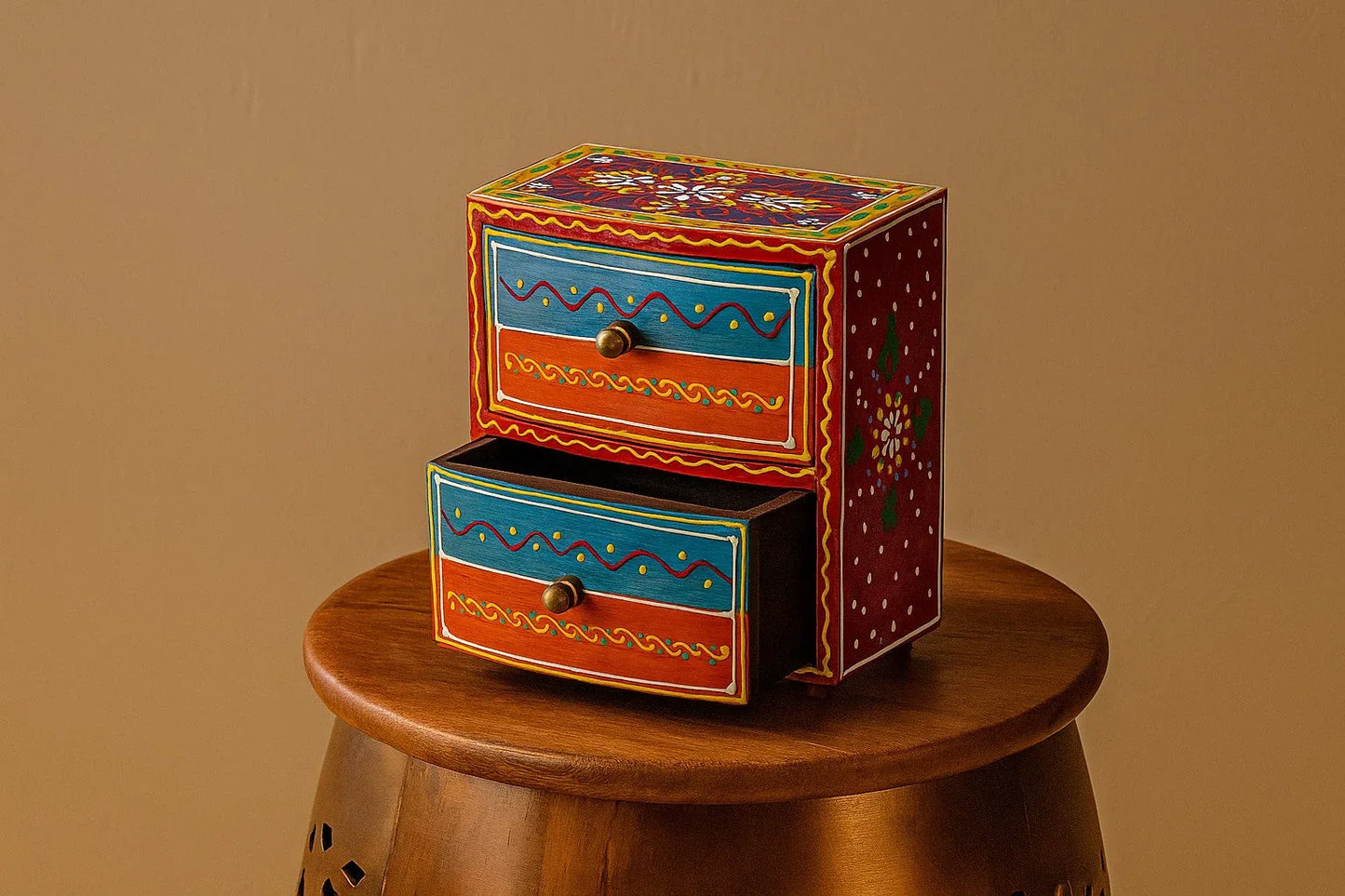 Hand-Painted Mini Wooden Chest with 2 Drawers – Colorful Rajasthani Boho Jewelry Organizer & Tabletop Storage Box