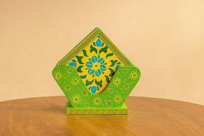 Hand-Painted Wooden Tea Coaster Set with Blue Pottery Art – 4 Coasters with Stand – Ceramic Style Floral Design