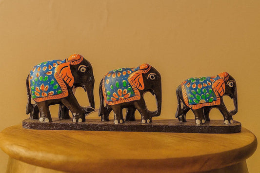 Handcrafted Wooden Elephant Family Figurine – Indian Folk Art Decor Set | Good Luck Home Accent & Gift