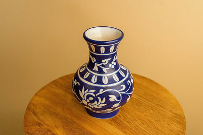 Handcrafted Blue Pottery Flower Vase – Indian Ceramic Art Decor from Jaipur | Traditional Floral Design