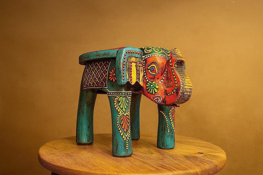 Hand-Painted Wooden Elephant Stool – Indian Folk Art Accent Table | Bohemian Decor & Plant Stand