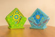 Hand-Painted Wooden Tea Coaster Set with Blue Pottery Art – 4 Coasters with Stand – Ceramic Style Floral Design