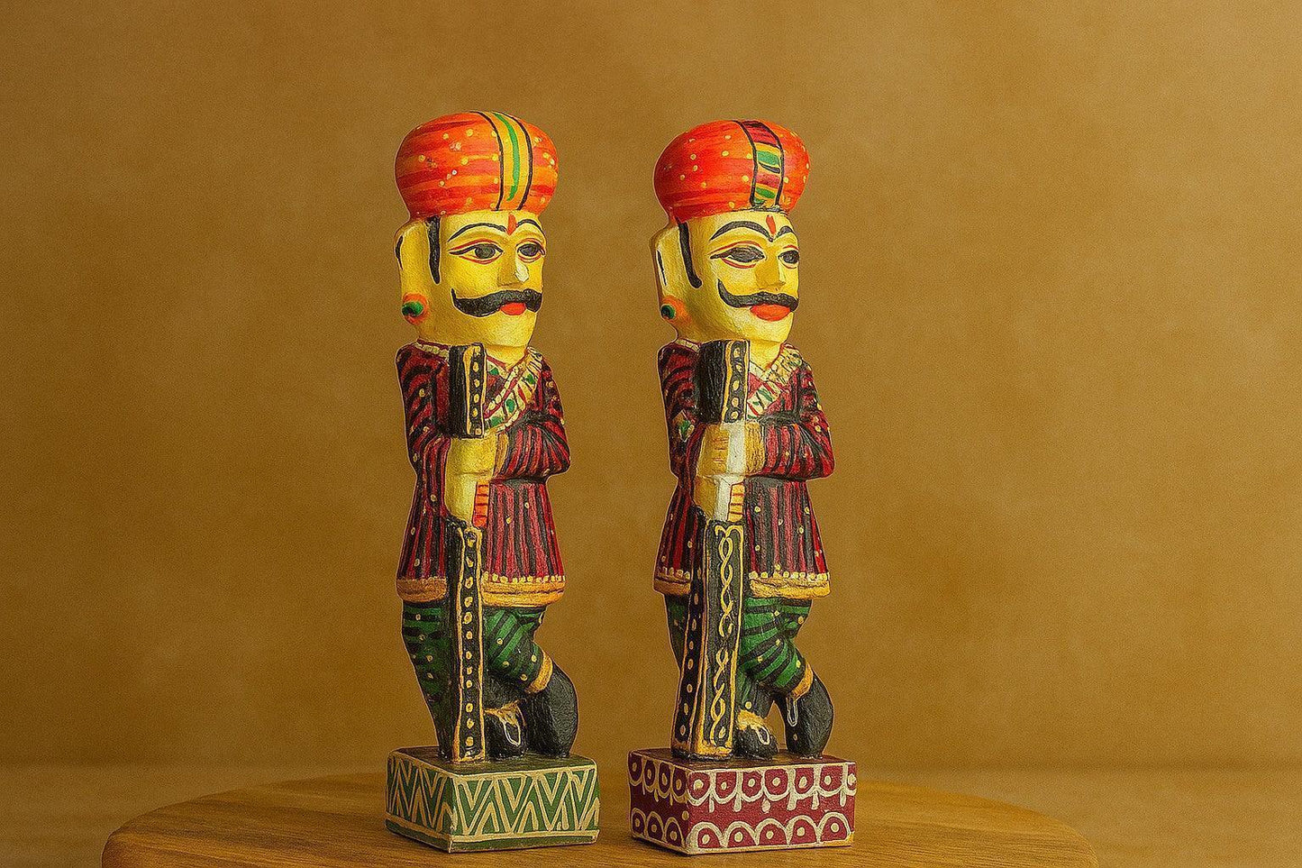 Rajasthani Wooden Royal Guard Statues – Handcrafted Decorative Pair – Ethnic Indian Home Decor Showpiece