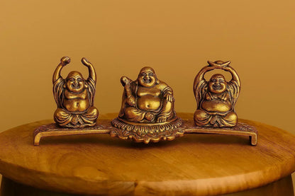 Brass Laughing Buddha Statue Set – Three Happy Buddha Figurines on a Base | Feng Shui Decor for Prosperity & Luck