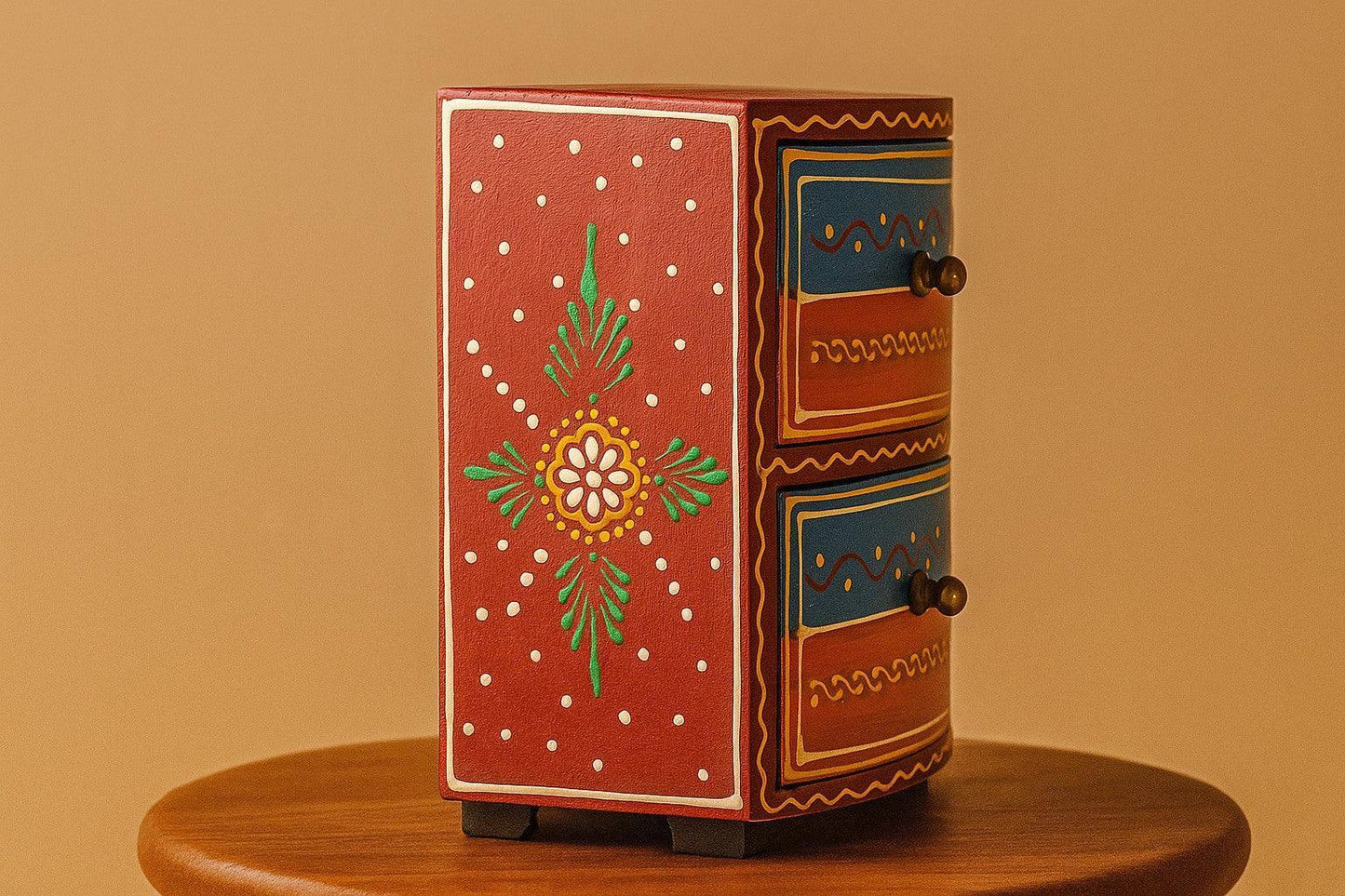 Hand-Painted Mini Wooden Chest with 2 Drawers – Colorful Rajasthani Boho Jewelry Organizer & Tabletop Storage Box