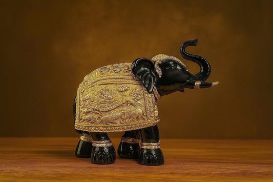 Black & Gold Resin Elephant Showpiece – Embossed Royal Design – Good Luck Decor for Home, Office & Gifting