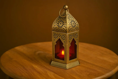 Antique Metal Lantern – Moroccan Style Decorative Candle Lamp with Red Glass Panels