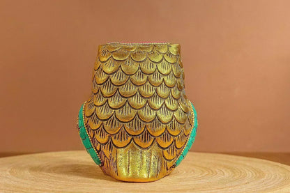 Handcrafted Metal Owl Figurine with Mosaic Stone Art - Decorative Brass Owl Statue for Home Decor - Wisdom Symbol Gift