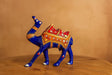 Handpainted Brass Camel Figurine with Raised Trunk - Indian Folk Art Decor - Royal Blue Traditional Rajasthani Design