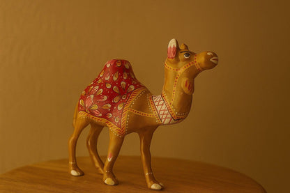 Handpainted Brass Camel Figurine with Red Floral Saddle - Traditional Indian Folk Art Decor - Decorative Sculpture for Home Living Room