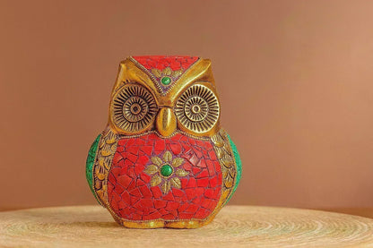 Handcrafted Metal Owl Figurine with Mosaic Stone Art - Decorative Brass Owl Statue for Home Decor - Wisdom Symbol Gift