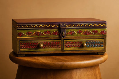 Handpainted Wooden Jewelry Box with Drawers - Folk Art Multi-Compartment Organizer - Traditional Indian Storage Chest with Floral Mandala Design