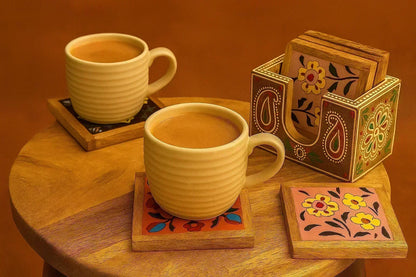 Hand-Painted Wooden Tea Coaster Set - Jaipur Ceramic Art - Set of 4 with Holder