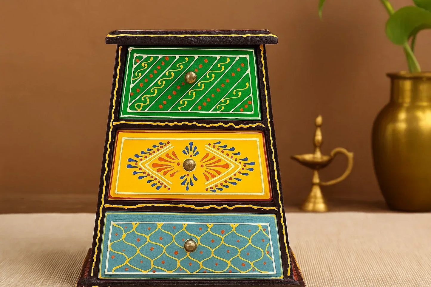 Hand-Painted Wooden 3-Drawer Chest - Indian Artisan Jewelry Box & Trinket Organizer