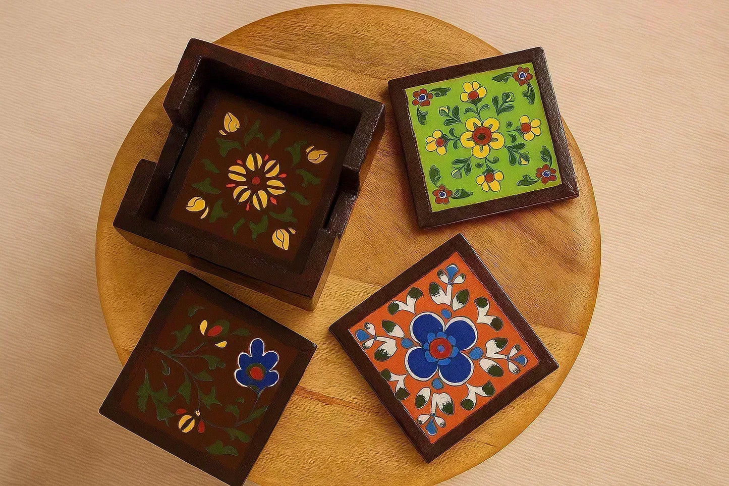 Hand-Painted Wooden Coaster Set with Ceramic Tiles - Set of 4 (4x4 Inch) with Holder
