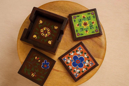 Hand-Painted Wooden Coaster Set with Ceramic Tiles - Set of 4 (4x4 Inch) with Holder