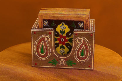 Hand-Painted Wooden Tea Coaster Set - Jaipur Ceramic Art - Set of 4 with Holder