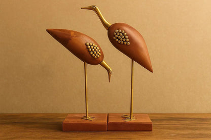 Handcrafted Wooden Bird Showpiece Set with Brass Accents - Mid-Century Modern Decor (Set of 2)