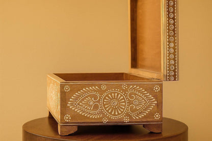 Hand-Painted Wooden Jewelry Box - Indian Folk Art & White Pigment Work
