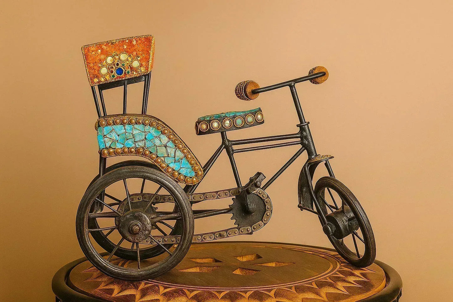 Handcrafted Metal Rickshaw Figurine – Indian Mosaic Art Decorative Showpiece | Traditional Cultural Decor