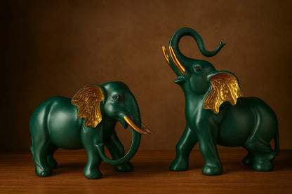 Premium Resin Elephant Pair - Green & Gold Leaf Showpiece Set (Trunk Up for Good Luck)