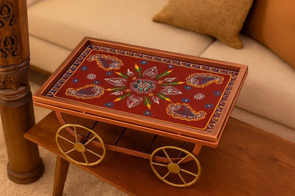 Hand-Painted Decorative Serving Cart - Rajasthani Folk Art Platter on Wheels