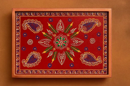 Hand-Painted Decorative Serving Cart - Rajasthani Folk Art Platter on Wheels