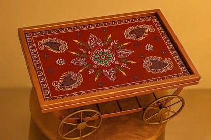 Hand-Painted Decorative Serving Cart - Rajasthani Folk Art Platter on Wheels