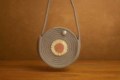 Handcrafted Round Sling Bag with Woven Sunflower - Boho Chic Coiled Rope Purse