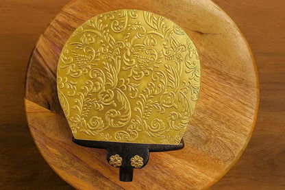 Handcarved Wooden Elephant Stool with Brass Embossed Top - Decorative Stand